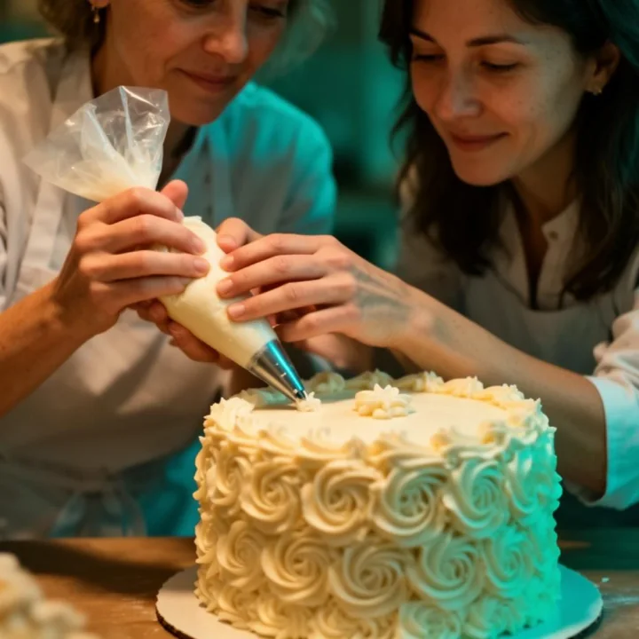 Mãos de confeiteira guiando outra confeiteira
