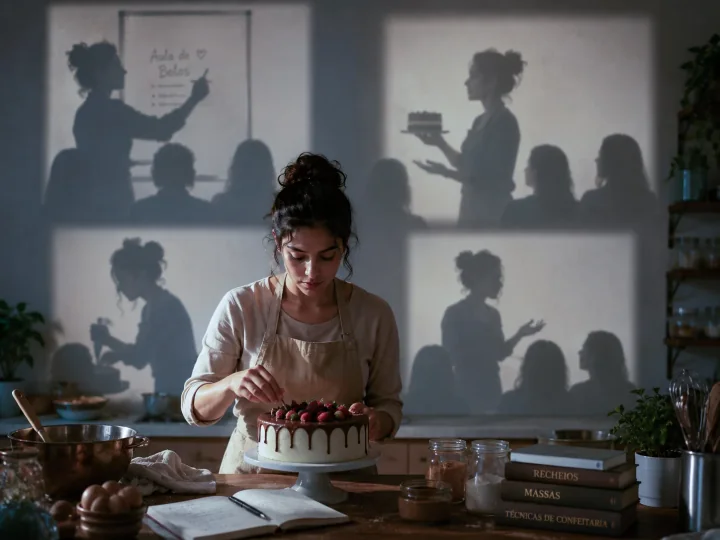 Confeiteira na cozinha à noite, exausta com pedidos